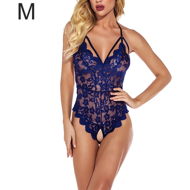 Body de encaje para mujer Ropa de dormir con correa sexy para mujer Lencería con cuello en V, M, Azul Noticed XX000063-05