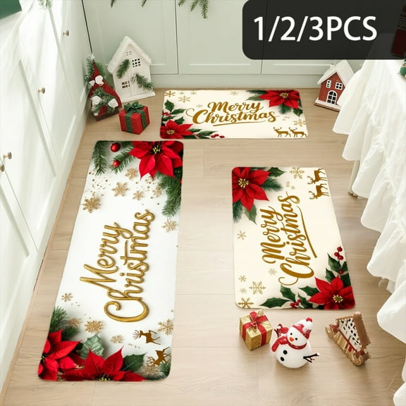 3PCS Kitchen Mat set, Welcome Door Flannel Rug,Home Decor for Front Door,Kitchen, Bathroom, Merry Christmas Poinsettia Snowflake Pattern Print ,Great Thanksgiving Day