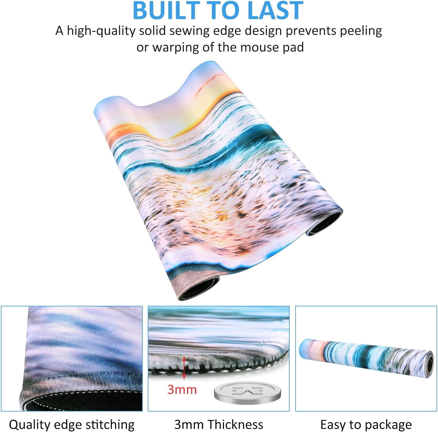 Extended Gaming Mouse Pad (35.4x15.7 in), Large 3mm Non-Slip Rubber Base Mousepad with Stitched Edges, Waterproof Keyboard Mouse Mat Desk Pad for Work, Game, Office, Home - Sun Beach