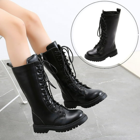YUGYXL Girl's Waterproof Fashion Tie Fur Lined Knee High Riding Boots Dress Princess Shoes Girls Leather Tall Winter Boots Black,35