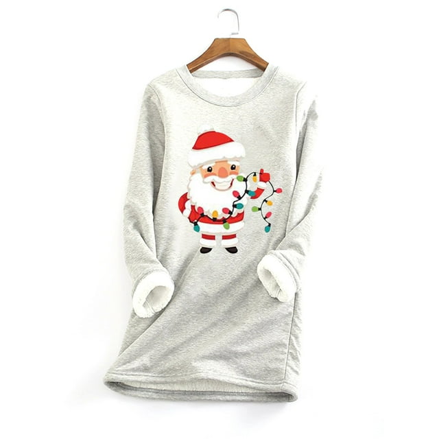 Meichang Chandails en Molleton pour Femmes Grande Taille Noël Père Noël Graphique Col Rond Chandail Hiver Chaud Doublé Sherpa Hauts
