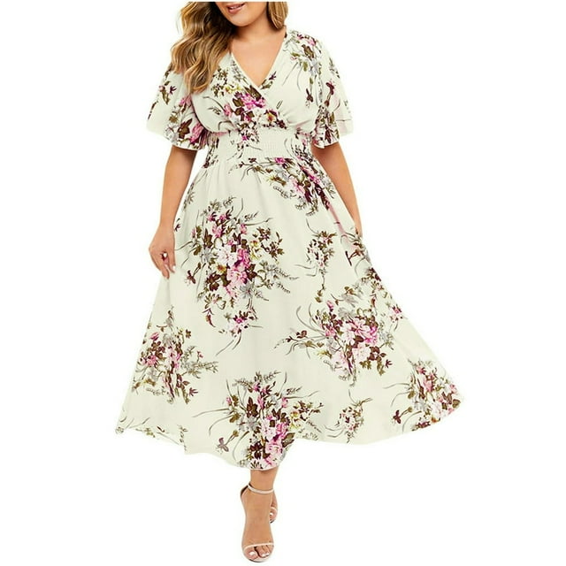 PENGXIANG Robe Décontractée à Manches Courtes et Col en V Imprimé Floral pour Femmes Grande Taille