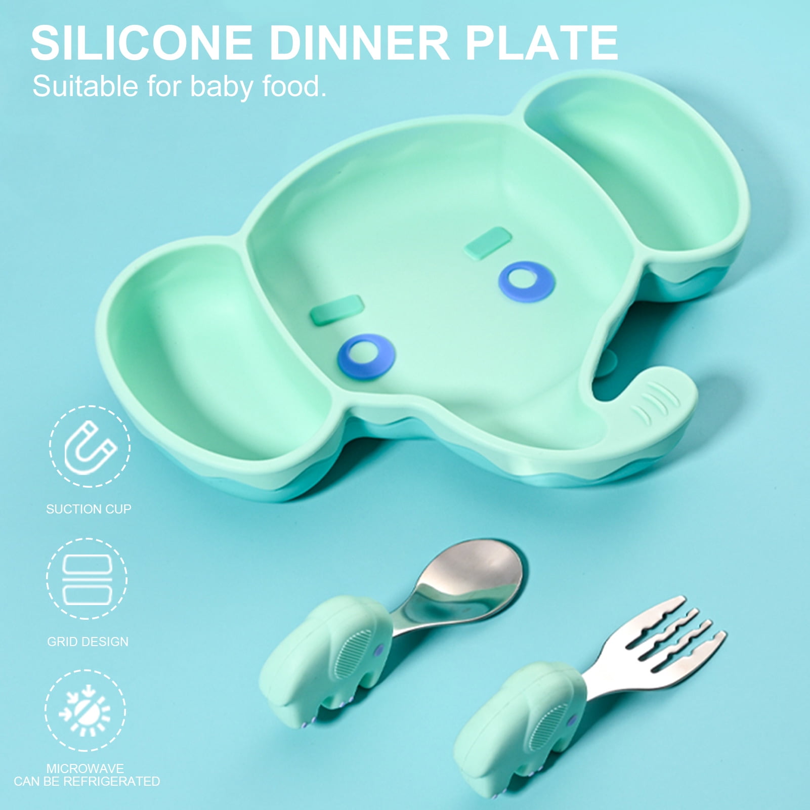Spoon & Suction Cups Eco-friendly Blue Children's Bamboo Elephant Plate Bowl 