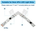 thumbnail image 4 of Uxcell Paquete de 10 conectores en L de 4 pines de 8 mm para luces LED RGB de tira, para luces de tira 5050 2835, iluminación DIY [Blanco], 4 of 6