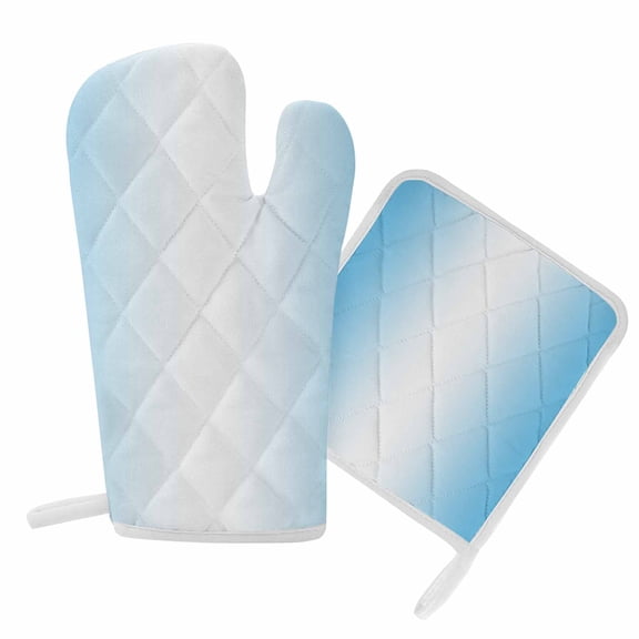 Oven Mitts and Pot Holder Set for Kitchen, White Blue Kitchen Oven Gloves Heat Resistance Non-Slip Surface Potholders Gradient Color Hot Pads Sets for Cooking Baking Grilling BBQ