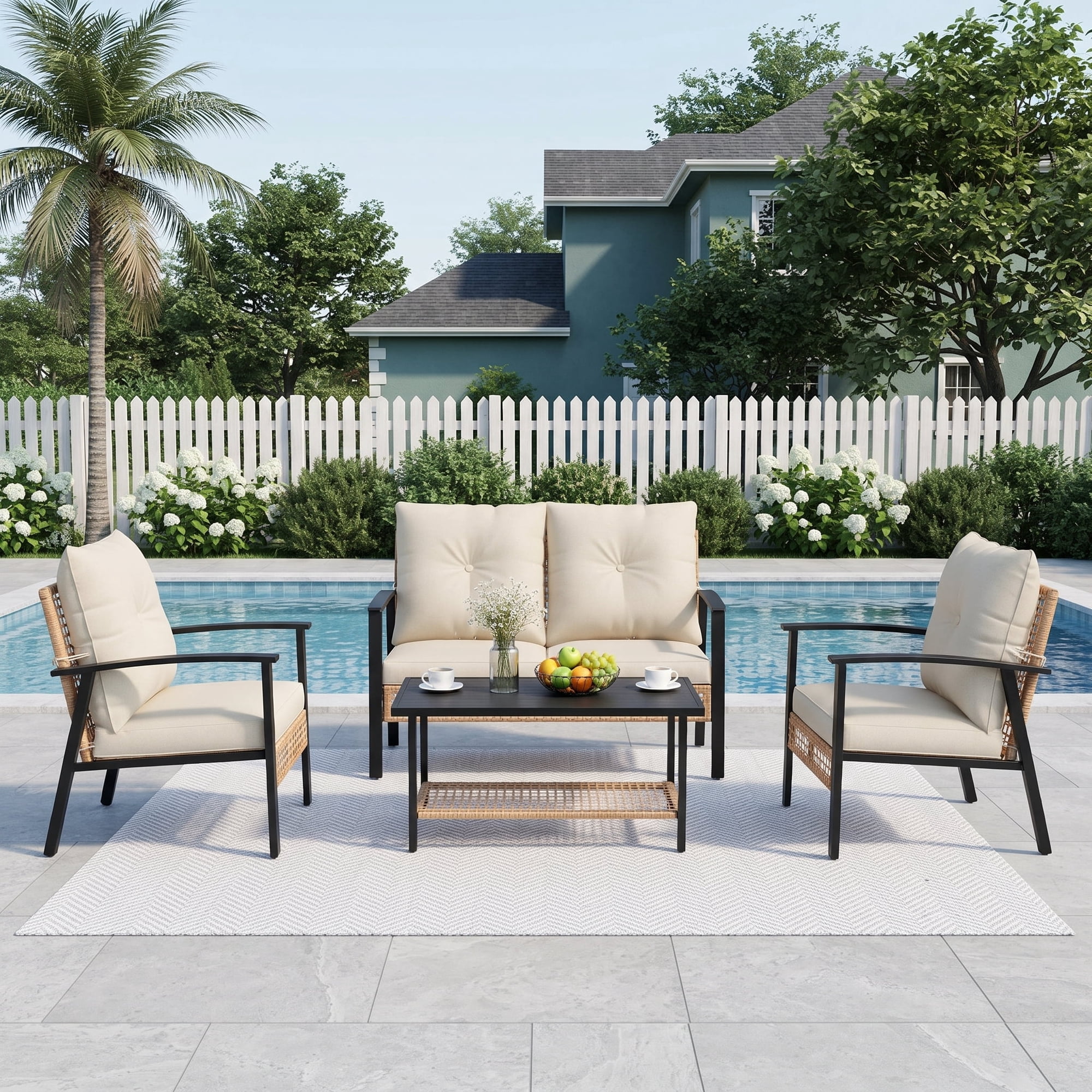 Deersky 4 Pieces Outdoor Patio Furniture Set, All-Weather Conversation Set with PE Rattan Wicker Chairs and Coffee Table, Easy Assembly for Balcony, Porch, Backyard
