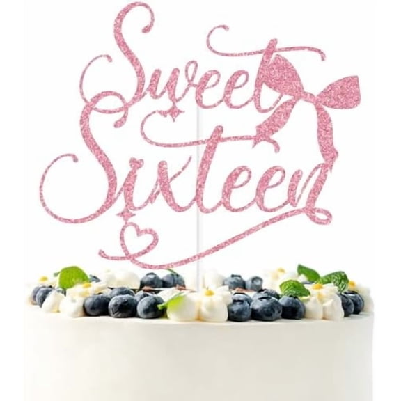 Pink Glitter Sweet Sixteen Cake Topper, Bowknot Happy Sweet 16/Cheers to 16 Years, Bow Ties Tying Themed 16th Birthday Party Decorations Supplies$$Home Decor, Kitchen, & Other