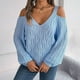 thumbnail image 3 of Gibobby Sueter para mujer invierno Suéter casual de manga con hombros descubiertos de color sólido para mujer Otoño Invierno(Azul,M), 3 of 5