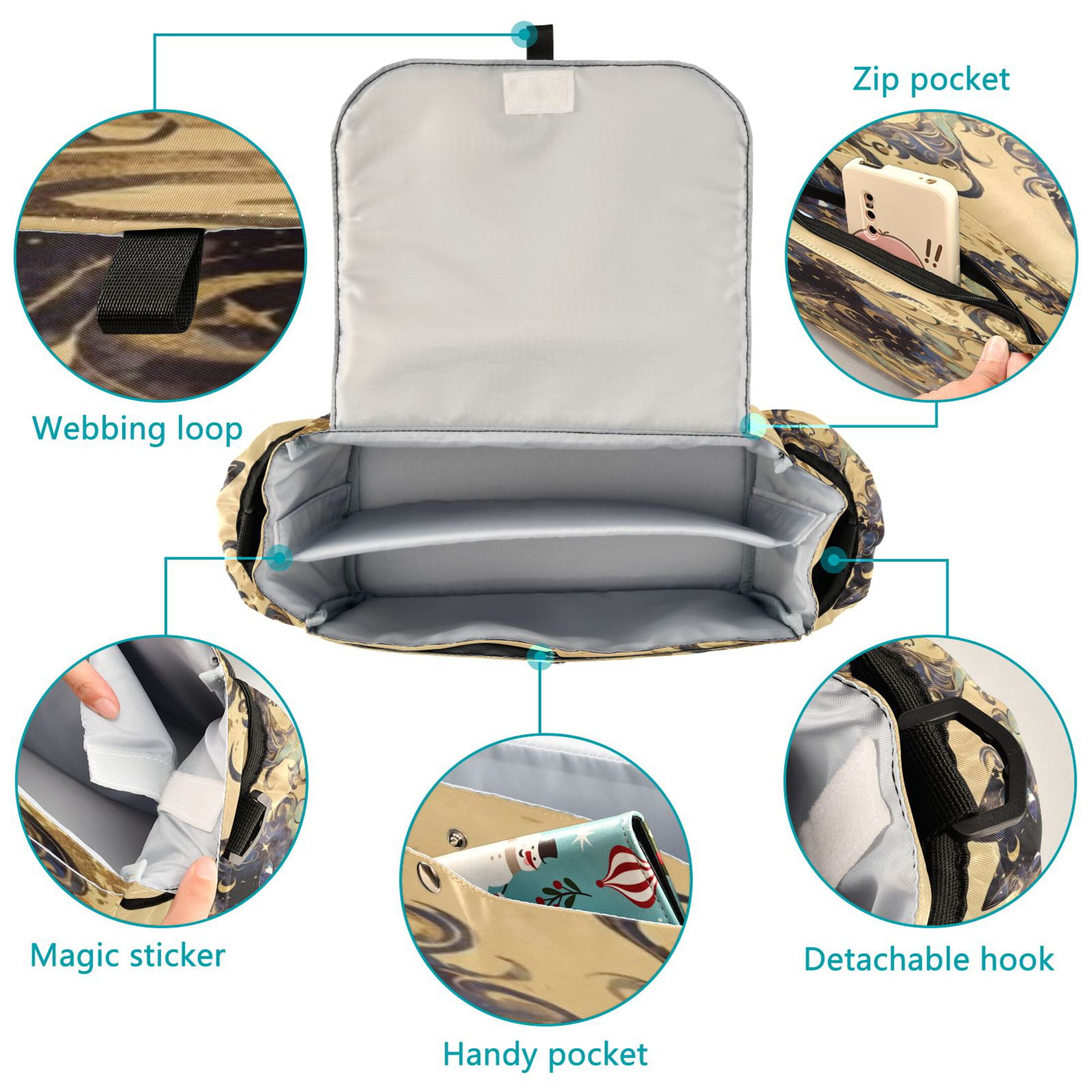 DIXRUYEE Stroller Organizer Mystic Black Cat Amid Golden Whirls Printed