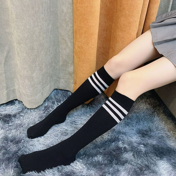 Medias largas a rayas blancas y negras para mujer, Medias por encima de la rodilla, hasta el muslo, cálidas, novedad