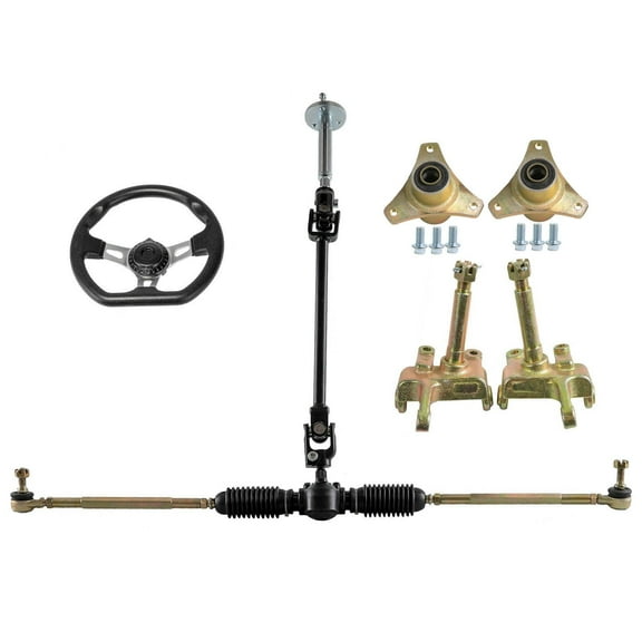 Front Steering Wheel Tie Rod Kit Gear Rack Pinion Shaft & 3 Stud Wheel Hub Steering Spindle Knuckle DIY Parts for Go Kart Go Cart Golf Cart ATV UTV Quad Buggy Drift Trike Lawn Mower