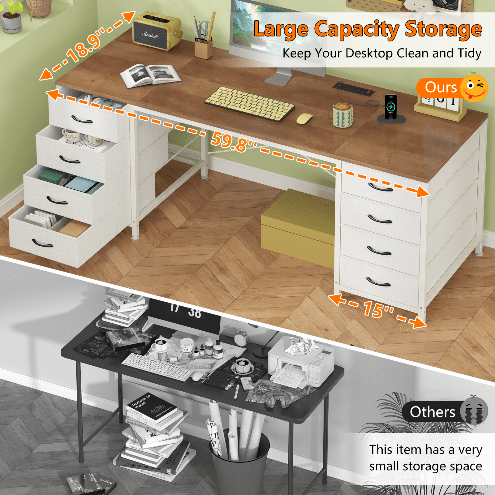 60 Inch Computer Desk with 8 Drawers, Home Office Desk with Power Outlets, Work Study Gaming Desk with 8 Fabric Drawers, Brown and White