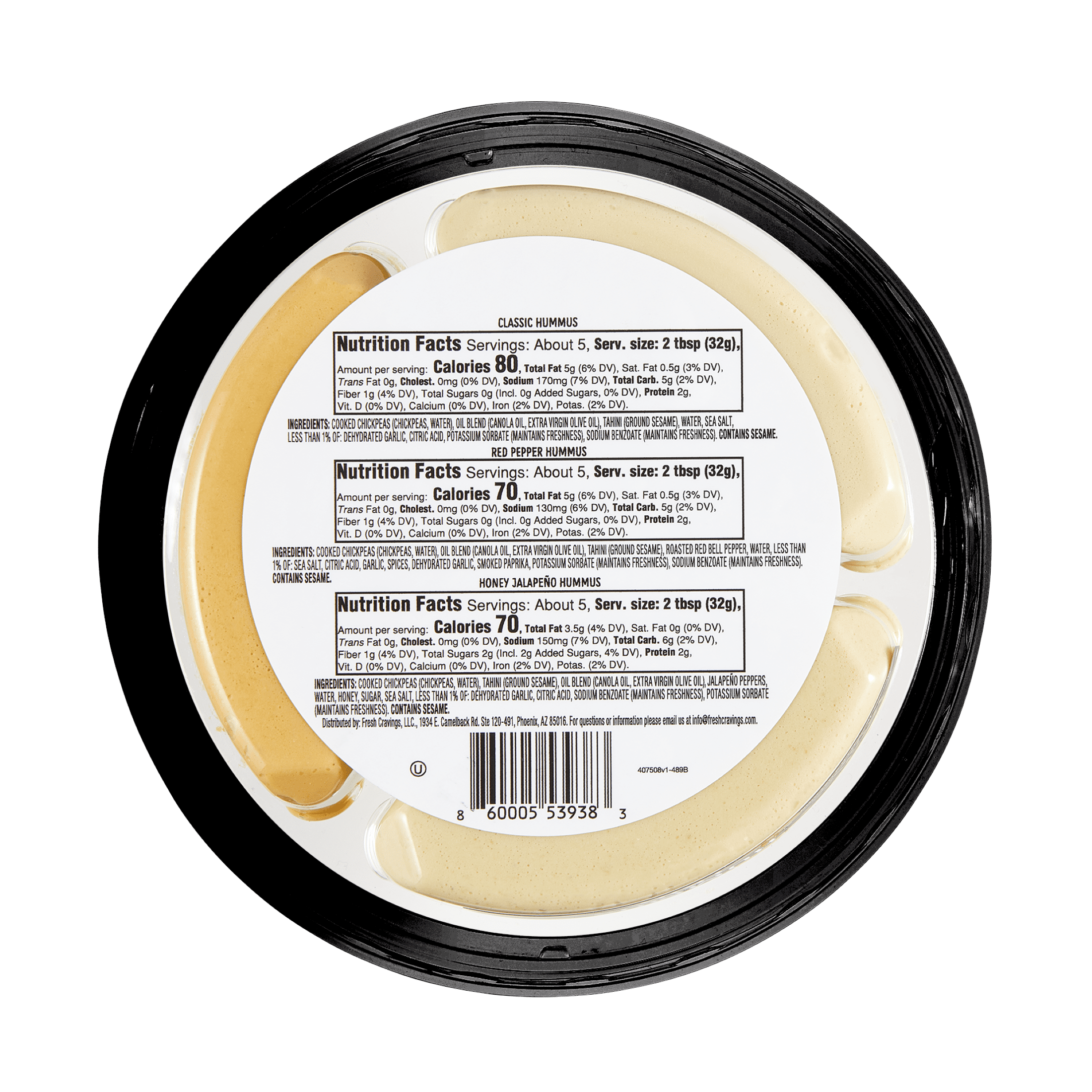 Fresh Cravings Hummus Trio Dip, Fresh, 18 oz. Plastic Tub, Gluten-Free, 2 Tbsp (32g)