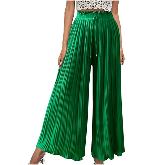Fesfesfes Women Pant Fashion Casual High Waist Elastic Waist Drawstring Straps Solid Color Draped Pleated Wide Leg Long Pants