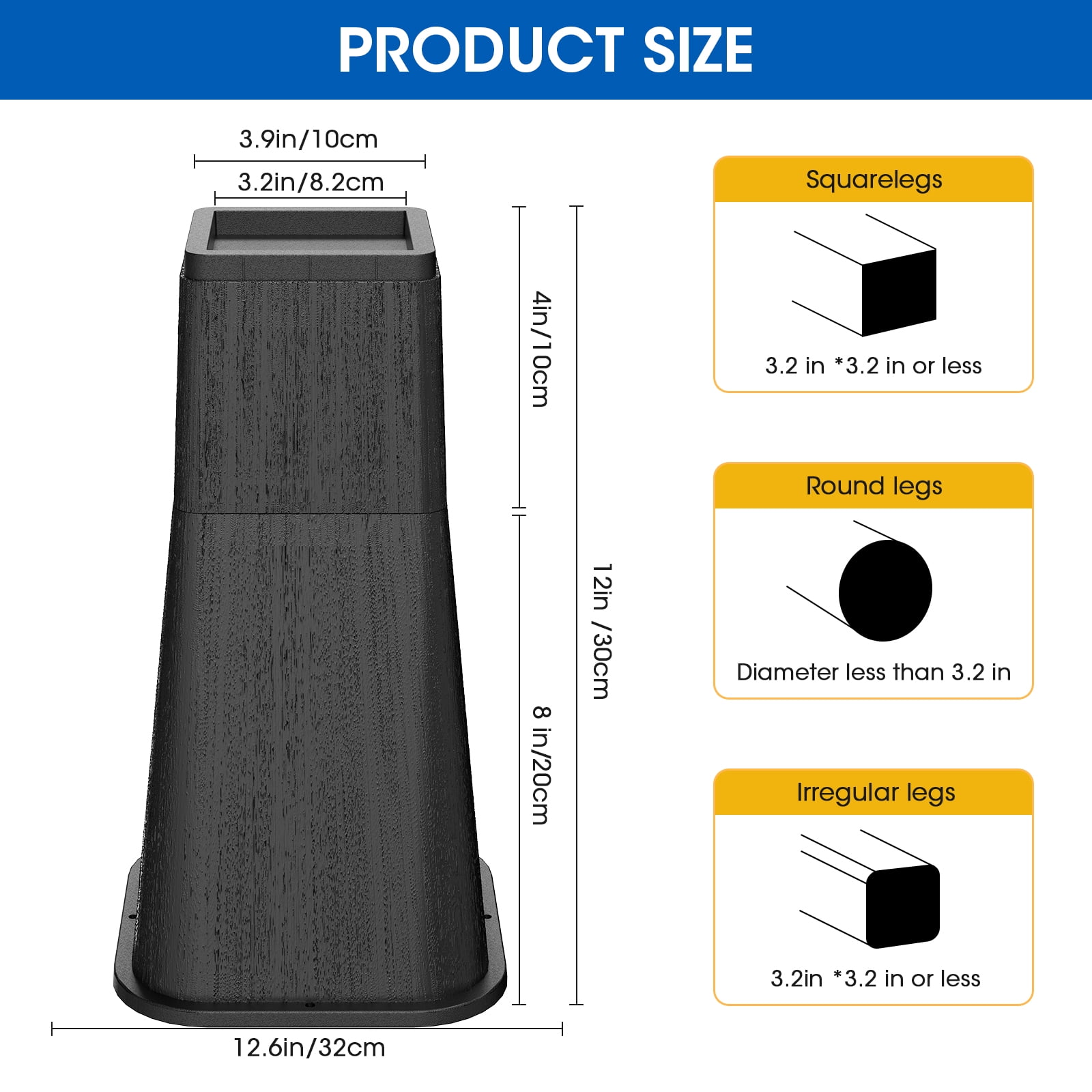 Bed Risers 12 Inch Heavy Duty, Stackable Furniture Risers Lifts 4inch 8inch, 12inch for Table, Desk Leg, Sofa, Couch, Supports Up to 6,000 Lbs, Black, 4 Pack