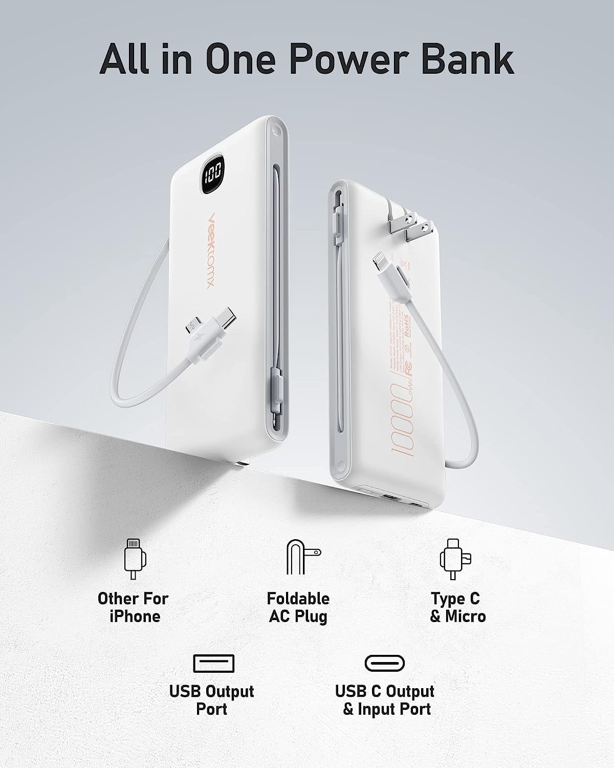 RGHJAR-Portable Charger with Built in Cables 10000mAh, Power Bank for iPhone with AC Wall Plug, Fast Charging USB C Slim Battery Pack with LED Display Compatible with iPhone 17/16/15/14, Samsung