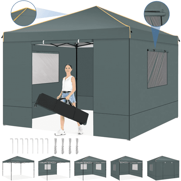 HOTEEL Pop up Canopy Tent 10x10 Instant Canopy with 4 Sidewalls & Carry Bag,Portable Tent for Parties Beach Camping Party Event Shelter Sun Shade,Dark Gray