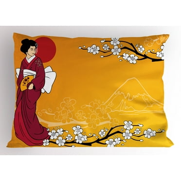 Ambesonne Cherry Blossom Pillow Sham, Geisha Lady, 36" X 20", Earth Yellow Maroon