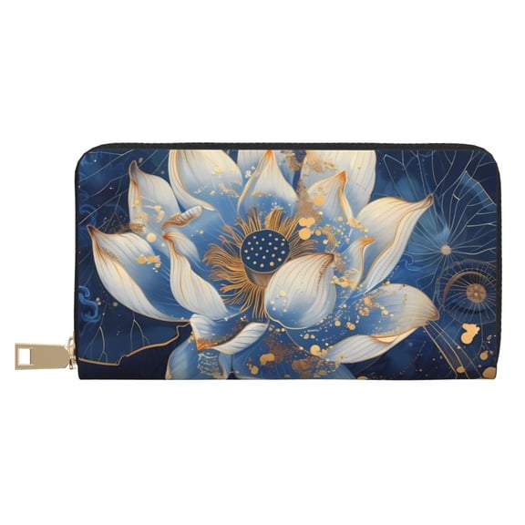Leather Thin Slim Wallets for Women Men - Blue Golden Dream Lotus Clutch Card Wallet for Women Men with Zipper