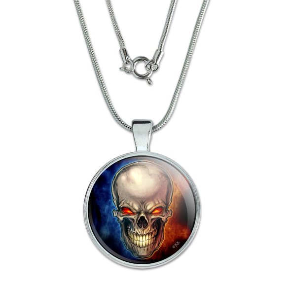 Skull Blue Red Flaming Glowing Eyes 1" Pendant with Sterling Silver Plated Chain