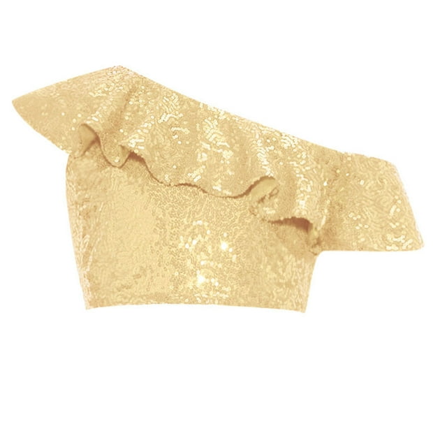 LiiYii Girls Sequin Ruffle Crop Top Sparkly One Shoulder Latin Jazz Modern Dance Cami Tank Tops Gold 6