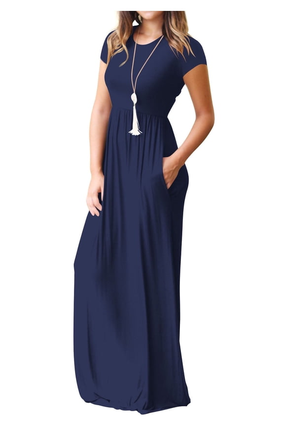 Women's Maxi Dresses Short Sleeve Long Casual Dresses Loose Plain with Pockets, Navy Blue-XL(US 16-18)