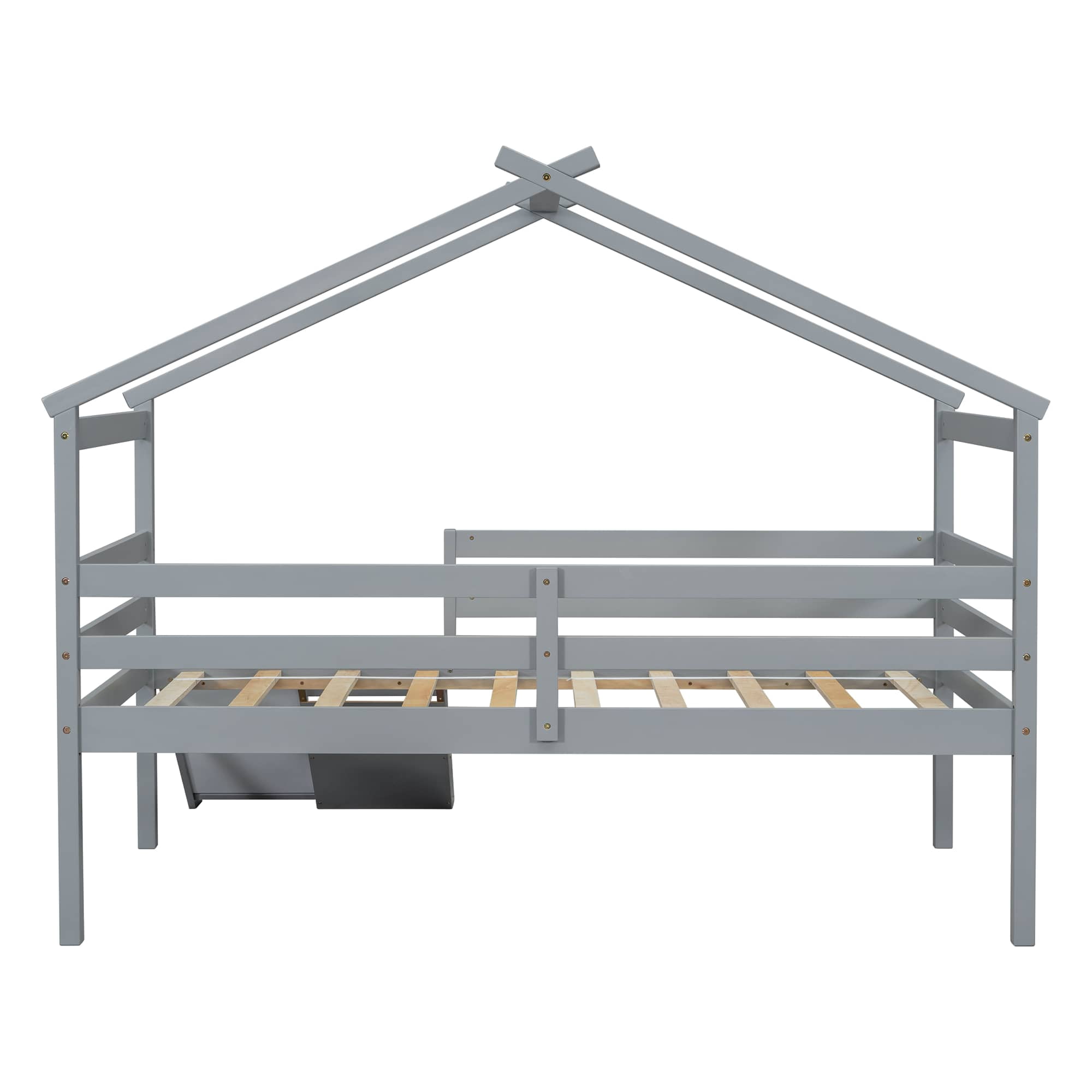 MAYEERTY Twin Loft Bed with Slide, Ladder, Safety Guardrails, House Roof Frame, Grey