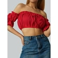 thumbnail image 6 of Coduop Women's Off Shoulder Short Sleeve Tank Top Blouse Ruffled Trim Chest Wrap Crop Tops T-Shirt, 6 of 7