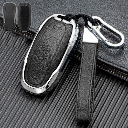 Car Key Fob Cover Case Protector Zinc Alloy Leather Car Remote Key Fob Case Cover Bag Holder For Tesla Model S 3