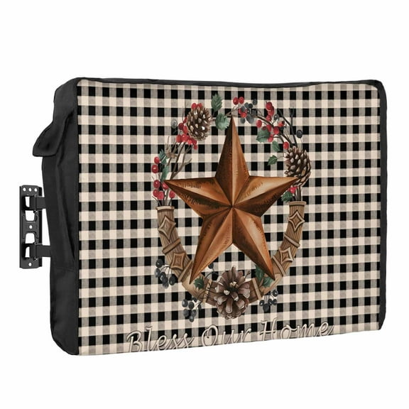 Outdoor TV Cover 70 to 75 Inches, Farmhouse Country Star Bless This Home Black Buffalo Plaid Waterproof TV Cover with Remote Control Pocket, Flat Screen TV Cover Protector for Outside TV