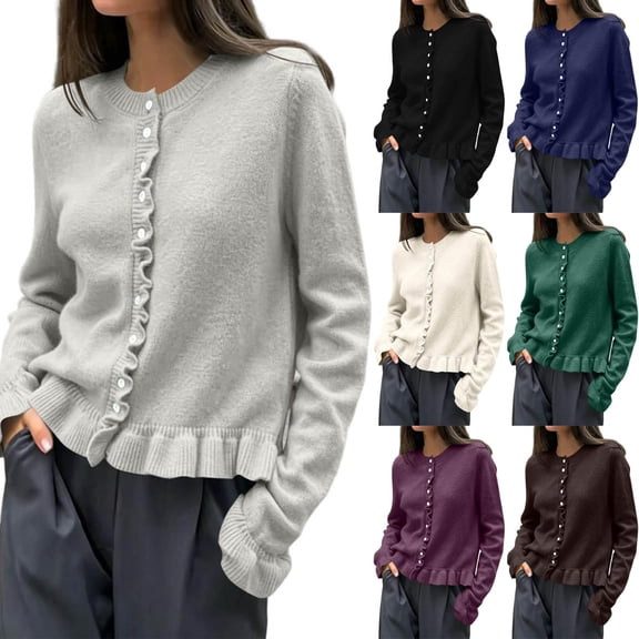 XUNKUSGA Women Crew Neck Ruffle Trim Knit Cardigan Fashion Pearl Button Front Long Sleeve Cropped Cardigan Sweaters for Women Soft Stretchy Cardigan for Women Gray Free Size