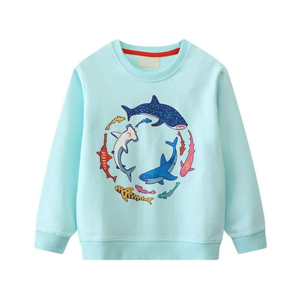 Gibobby Sudadera de cuello redondo para niño, camisa básica de manga larga con patrón que brilla en la oscuridad(Azul claro, 3-4 Años)