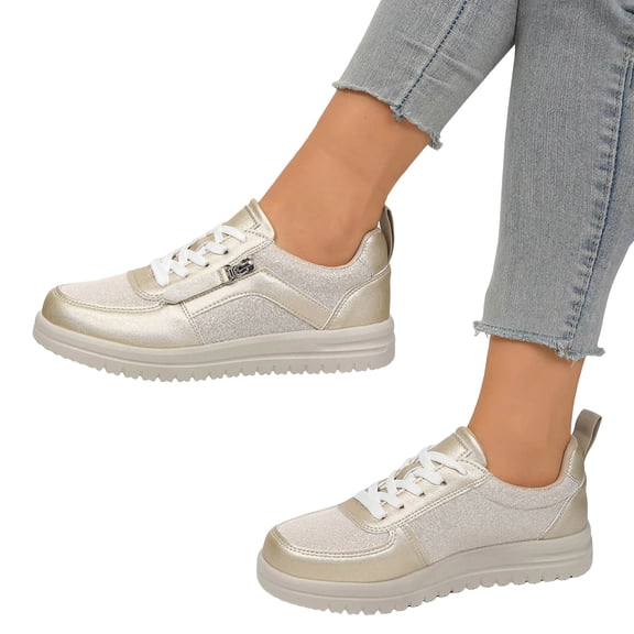 Women's Zipper Platform Tennis Shoes Waterproof Slip On Sneakers Casual Low Top Walking Lace Up Non Slip Work Shoe Gold Size 7.5