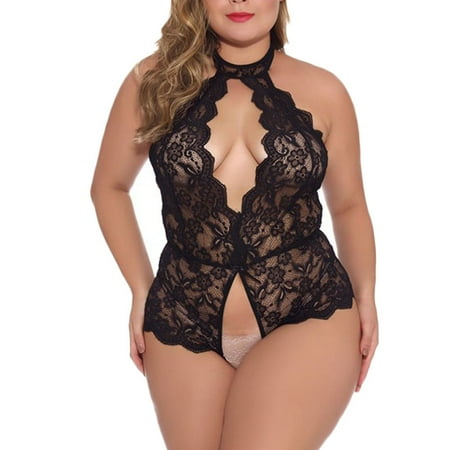 

QWERTYU Women s Floral Lace Scalloped Trim Lingerie Teddy Bodysuit Black 2XL