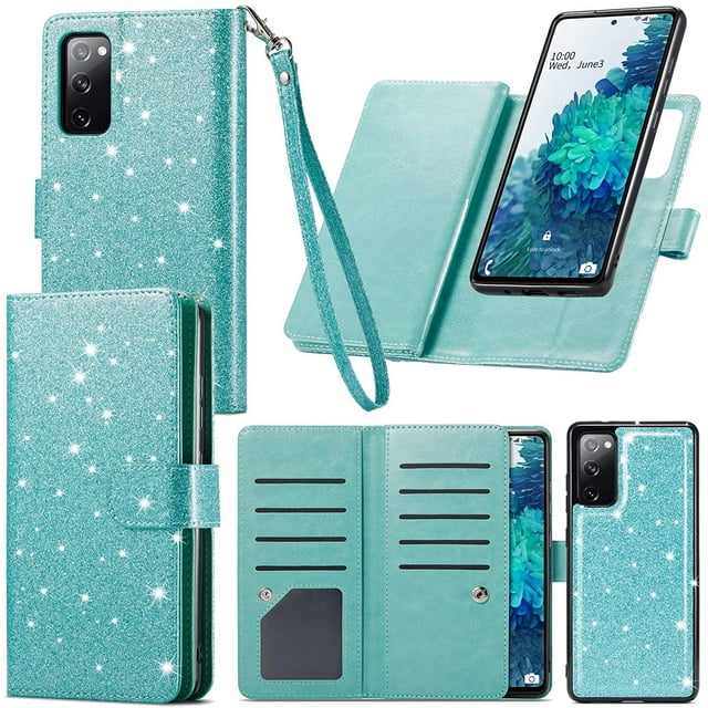 Samsung S20 FE Case Wallet, S20 FE Case with Card Holders & Magnetic Detachable Cover & Kickstand & Lanyard Strap Glitter PU Leather Folio Flip Case for Samsung Galaxy S20 FE 5G, Mint