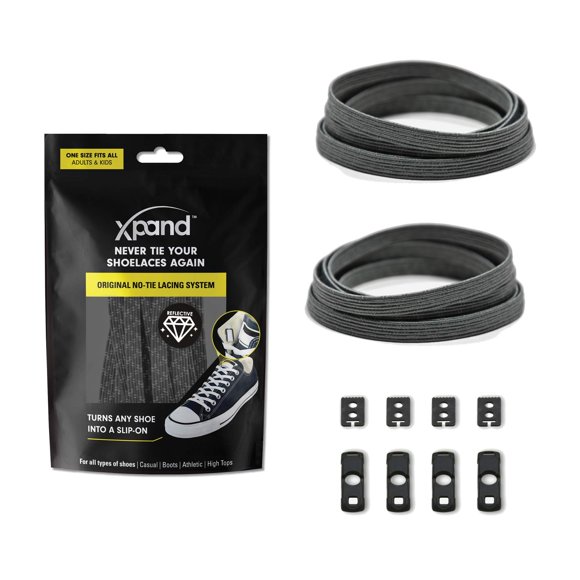 Xpand No Tie Shoelaces System with Elastic Laces - One Size Fits All Adult and Kids Shoes - Gray Reflective