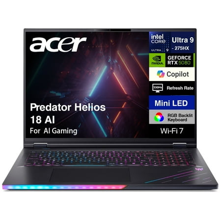 Acer Predator Helios 18 AI AI Gaming Laptop 18in WQXGA (Intel Ultra 9- 275HX, NVIDIA GeForce RTX 5080 16GB, 32GB DDR5, 1TB SSD, Win 11 Home)