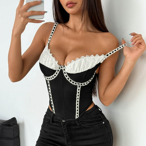 Qulqfy Underbust Corset for Women Black Corset Solid Fashion Boned with Straps Corset Tops for Women