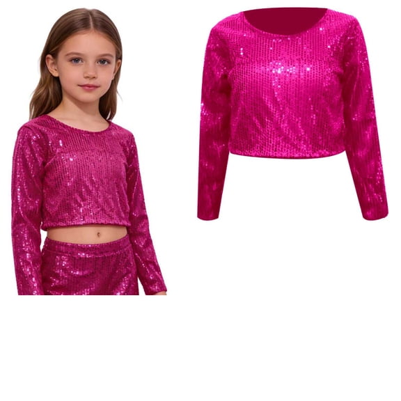 Kids Girls Glitter Sparkly Crop Tops Long Sleeve Tee Top Latin Jazz Ballet Dance Performance 3-10 Years