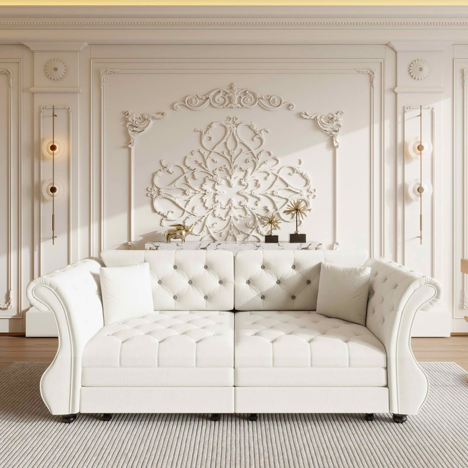 MAYEERTY 83.8" Chesterfield Pull‑Out Sofa Bed, Classic Roll‑Arm Velvet Couch with Flower Tufting, 2 Pillows Included for Living Room, Bedroom and Apartment