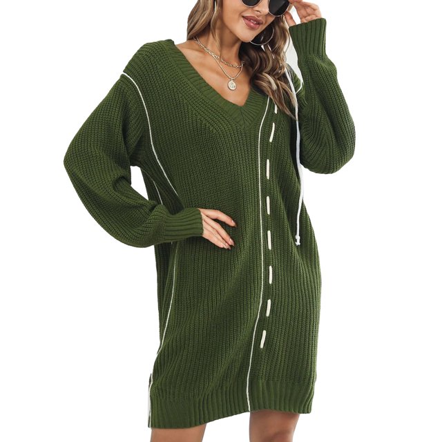 Oversized Sweater Mini Dress, Cozy Drawstring Loose Sweater Dress V Neck Machine Washable Long Sleeve For Office For Holiday ANGGREK DE Verde L