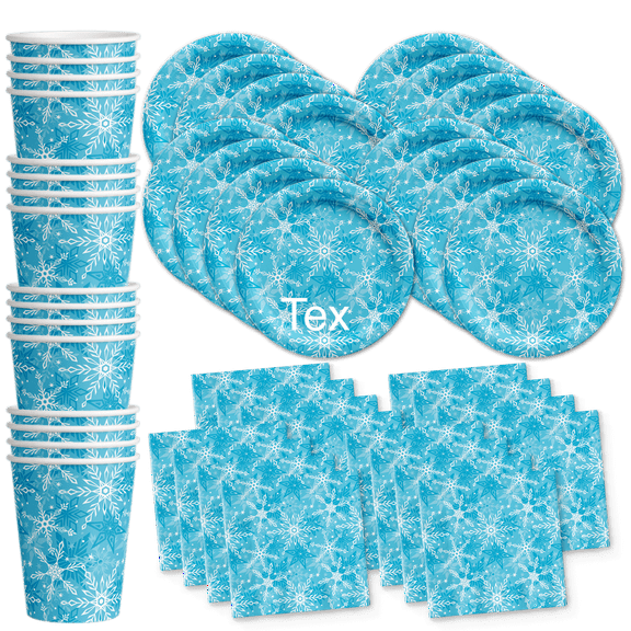 Snowflake Winter Wonderland Birthday Party Supplies Set Plates Napkins Cups Tableware Kit for 16