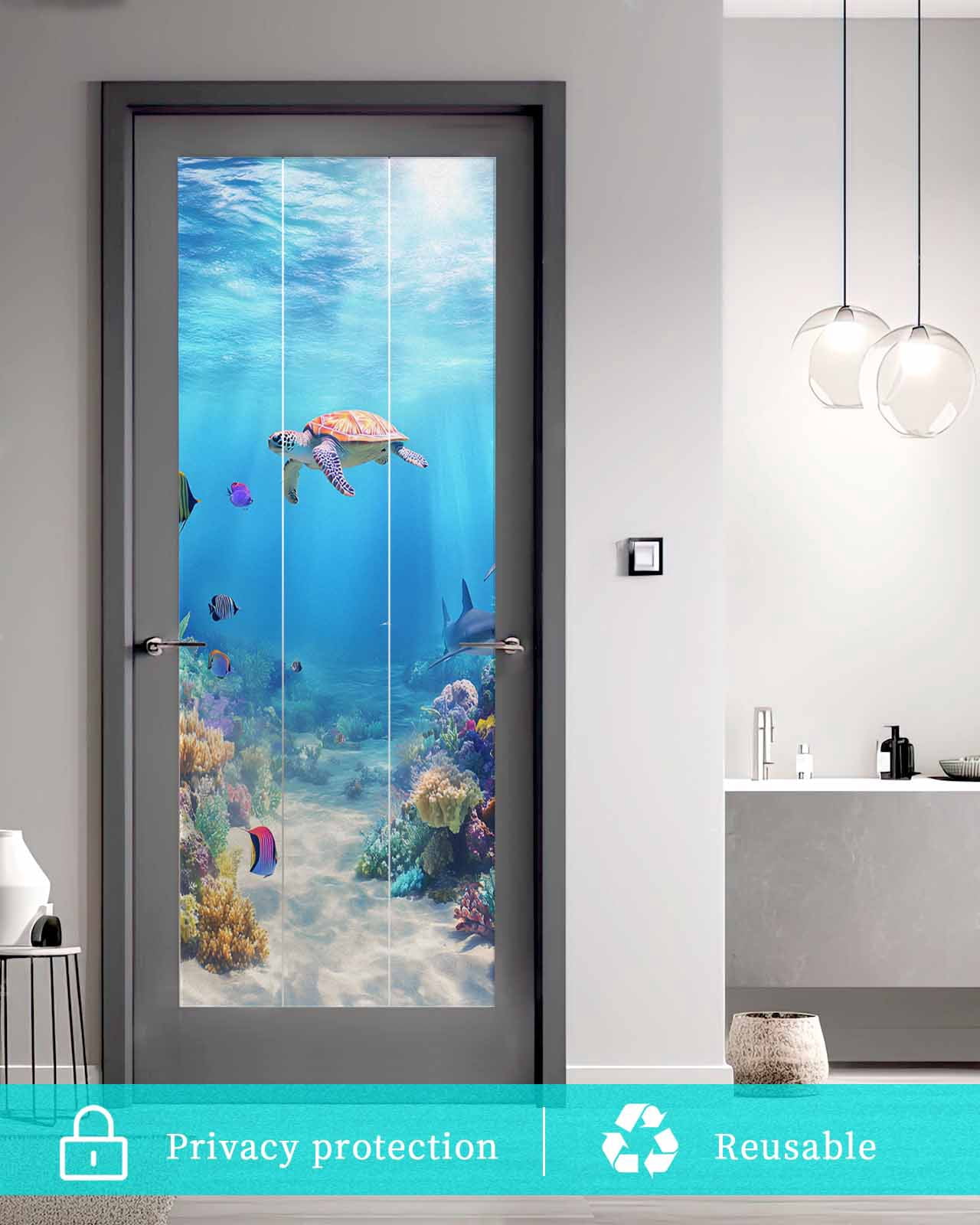 Window Privacy Film Ocean Turtle Stained Glass Window Film Decorative Sun Block Window Cover Blue Beach Summer Dolphin Whale Coral Fish Window Clings Static Adhesive Sticker for Bathroom 23.6"x59"