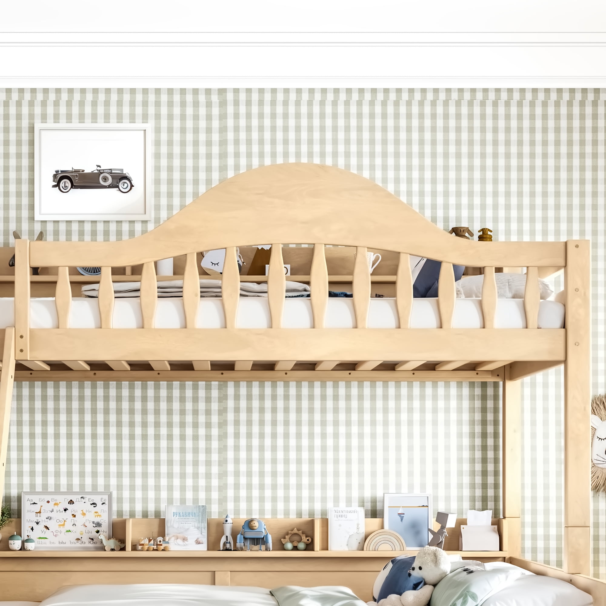 Leumius Twin over Full Bunk Bed with Storage Drawers, Chic Curved Guardrail & Side Storage Shelves, Bunk Bed Frame with Ladder Natural