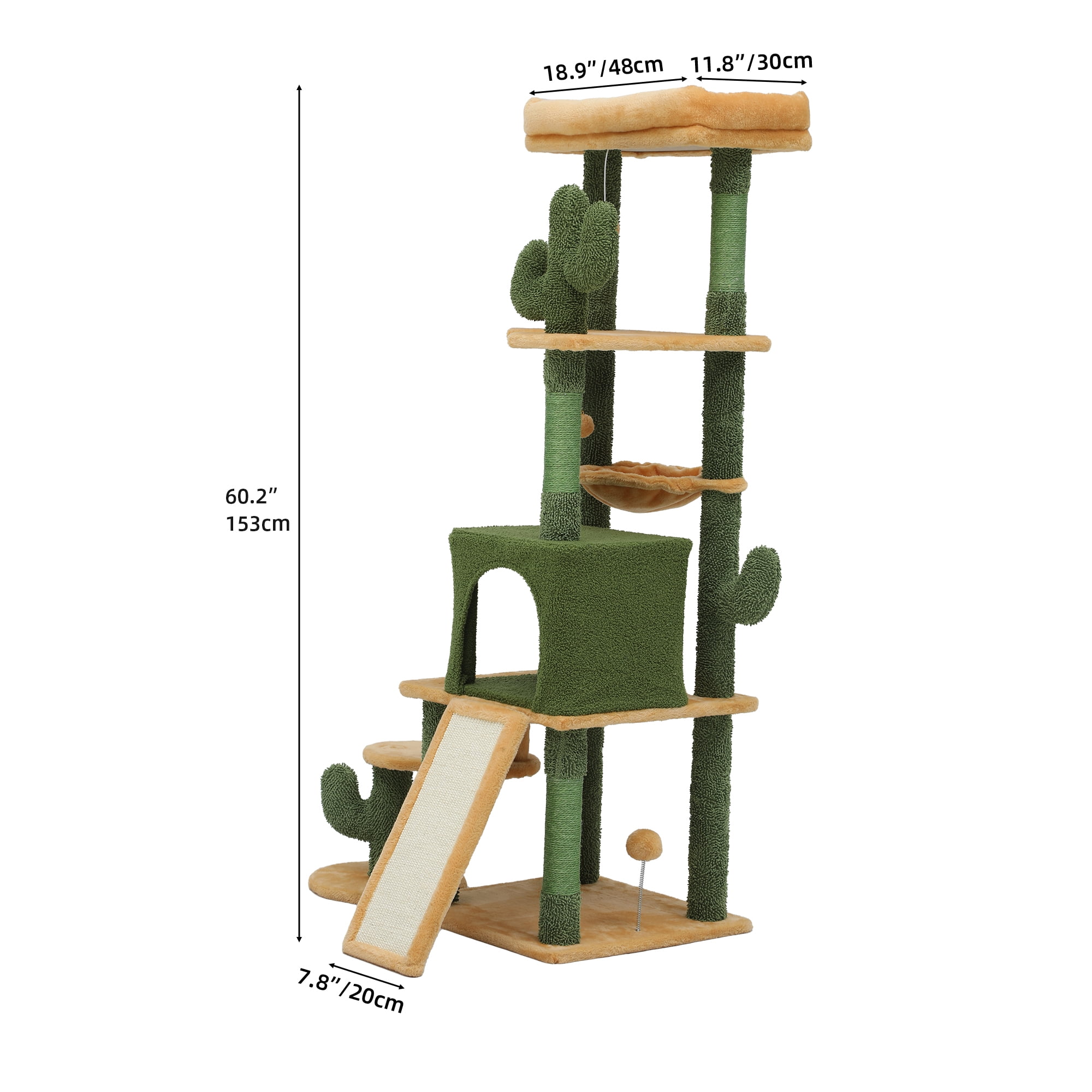 Dextrus 60" Tall Cactus Cat Tree Tower for Indoor Cats, Large Cat Condo with Self-Grooming Brush, Perch, Basket, Sisal Scratching Posts, and Toy Balls,Green