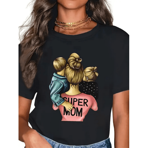 BESTLUCKY Women's casual crewneck T-shirt, mother-daughter print, short sleeves, suitable for spring and summer - "Super Mom" applique design, Mother's Day gift
