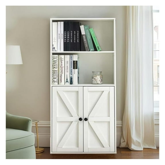 4 Tier Book Shelf with Doors, White Bookshelf & Wide Bookcase with Storage Cabinet, Wooden Book Shelf for Home Office and Living Room, Bedroom