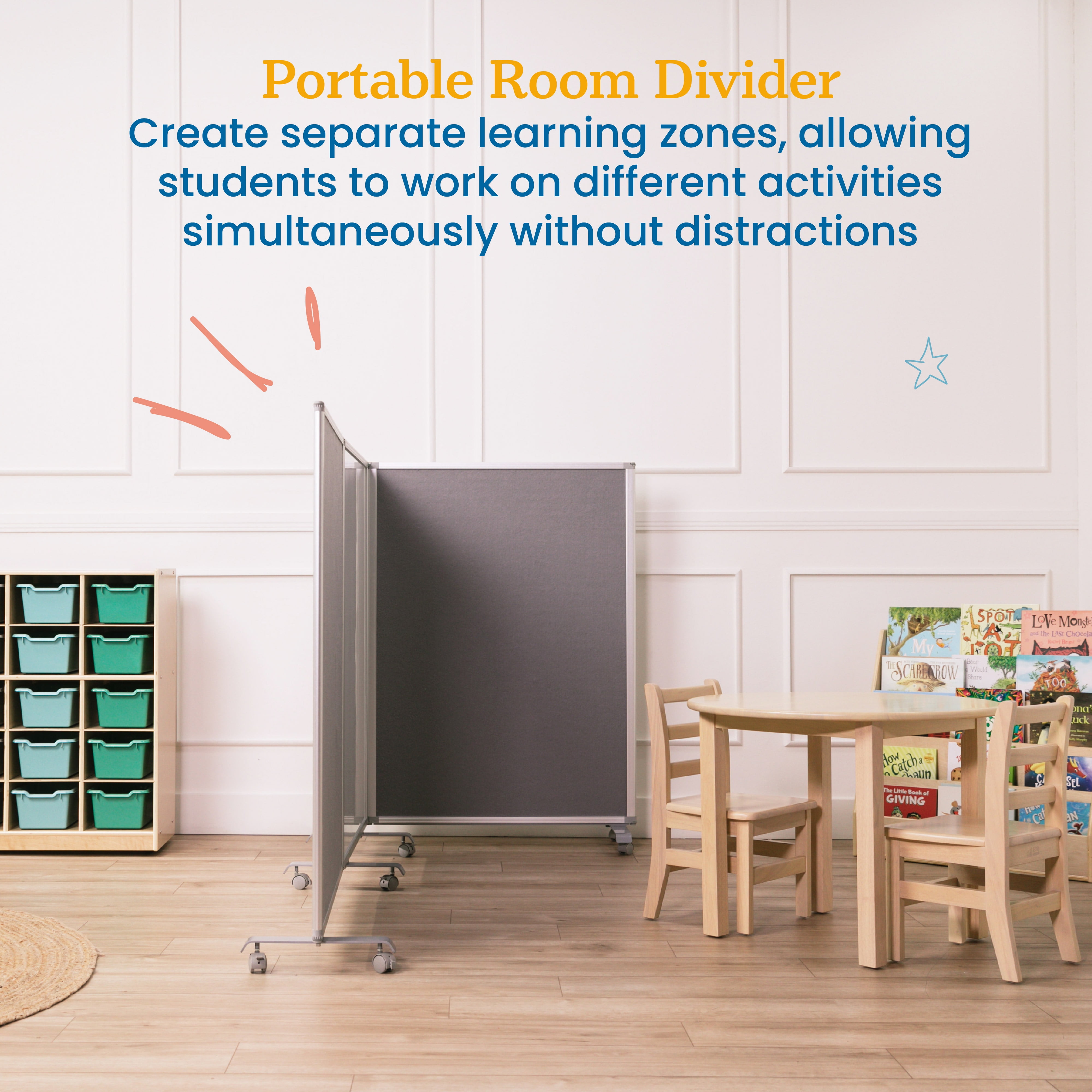 ECR4Kids Mobile Dry-Erase and Flannel Room Divider, 3-Panel, School Supplies, Grey