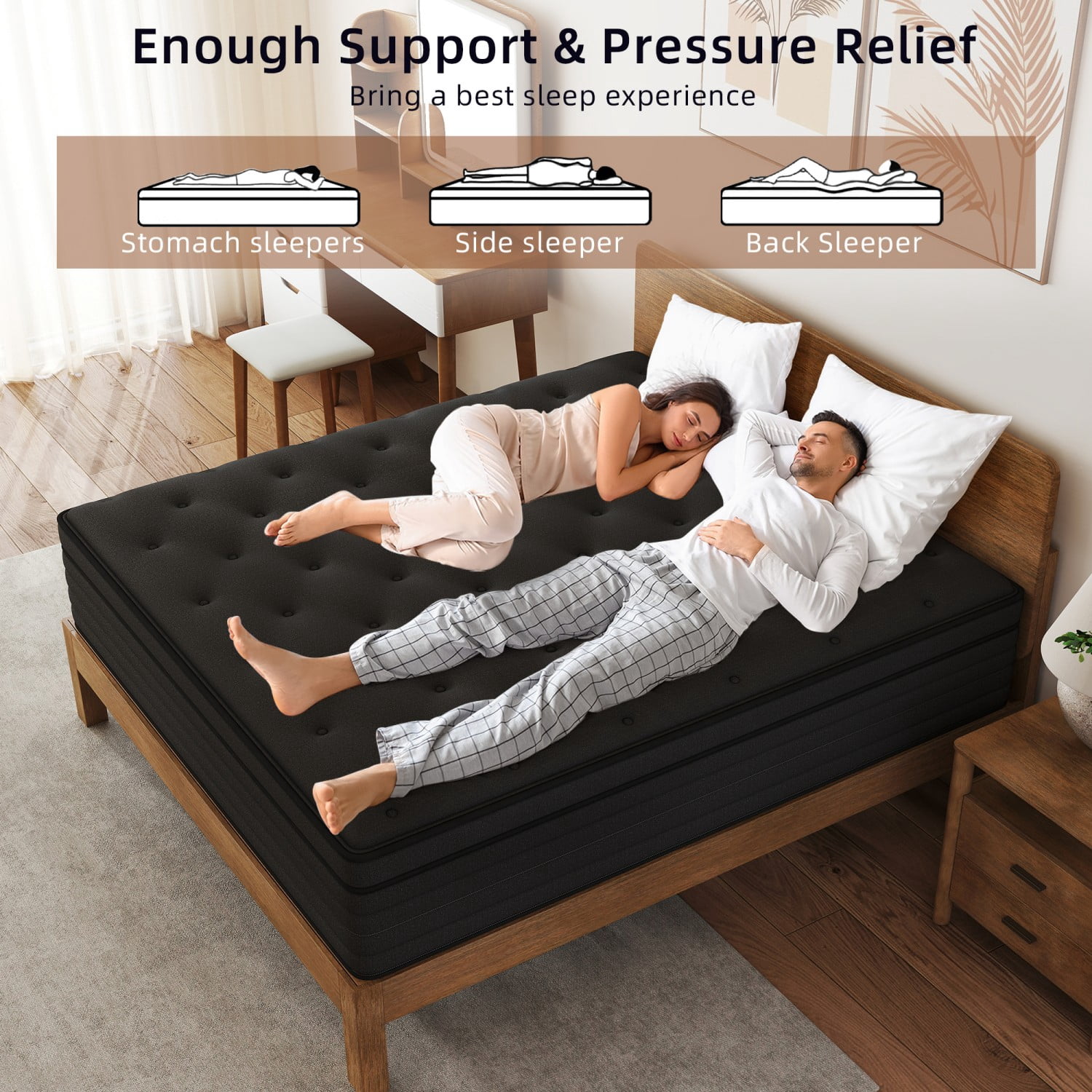 AMENDPATURE 14 inch Twin Hybrid Mattress,Gel Infused Memory Foam and Pocket Spring in a Box,Medium，Black Mattresses，Adult