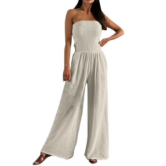 GILIGEGE Women's Jumpsuits Tropical Strapless Jersey Jumpsuit Wide Leg Overall Sleeveless Outfit Casual Beach Overalls for Women Loose Fit Summer Double Layer Cotton One Neck Pocket Waist Jumpsuit
